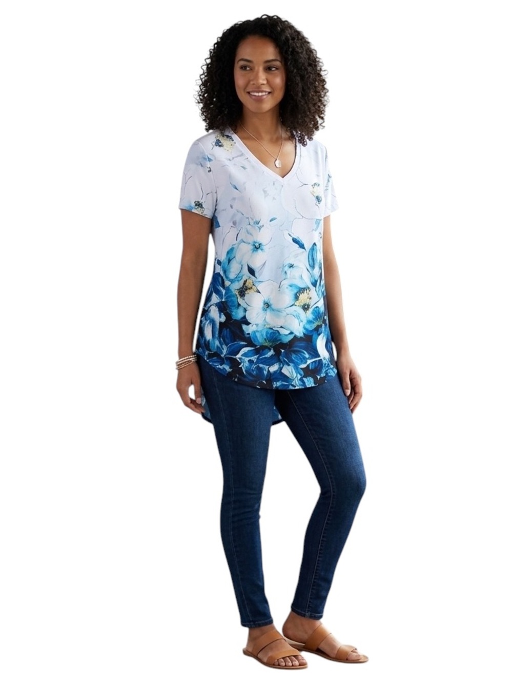 Nygard Floral Short Sleeve V-Neck Tunic Top with Hi-Lo Hem